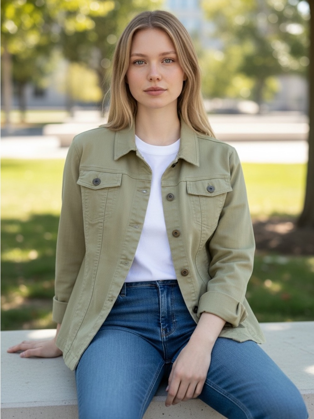 Women's sea-foam green Utility Jean Jacket with Button Front size large